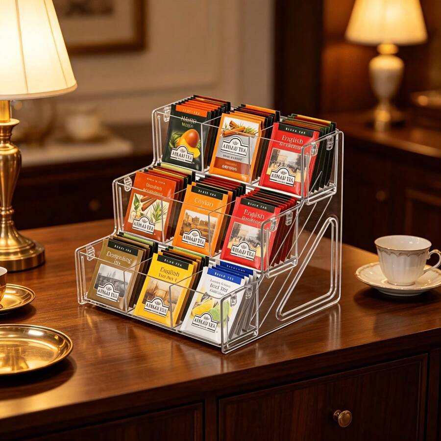 1pc Multi-Layer Transparent Acrylic Tea Bag Storage Box, 9 Compartments, Desktop Tea Bag Storage Rack, Transparent Coffee Spice Bag Display Stand, Multi-Functional Desktop Organizer Box, Suitable For Cosmetics, Stationery, Washi Tape And Small Accessories Storage - Multicolor - View 1