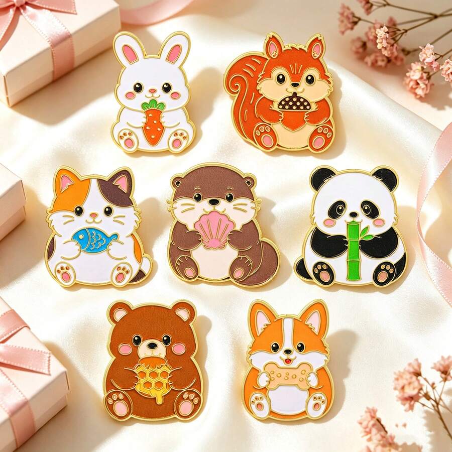Cute Cartoon Animal Enamel Pins Set, Kawaii Rabbit Panda Squirrel Cat Bear Lapel Badge For Backpack Clothes Decor, Lovely Gift For Animal Lovers