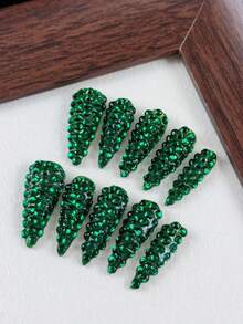 10pcs High-End Court Retro Style, Hand-Painted Three-Dimensional Green Rhinestones, Dazzling With Abundant Rhinestones Handmade Fake Nails - Green - View 4