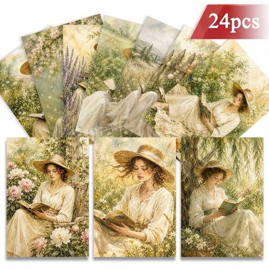 24pcs + 1 Red Envelope Elegant Pastoral Style Holiday Postcards, Woman Reading In Garden, Text "Reading Is A Journey", Suitable For Friends, Spring Festival, Vintage Oil Painting Style