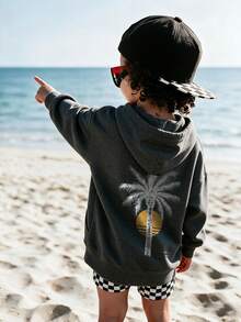 Young Boy Palm Tree Sunset Graphic Print Hoodie, Casual Long Sleeve Pullover Sweatshirt For Kids - Dark Grey - View 1