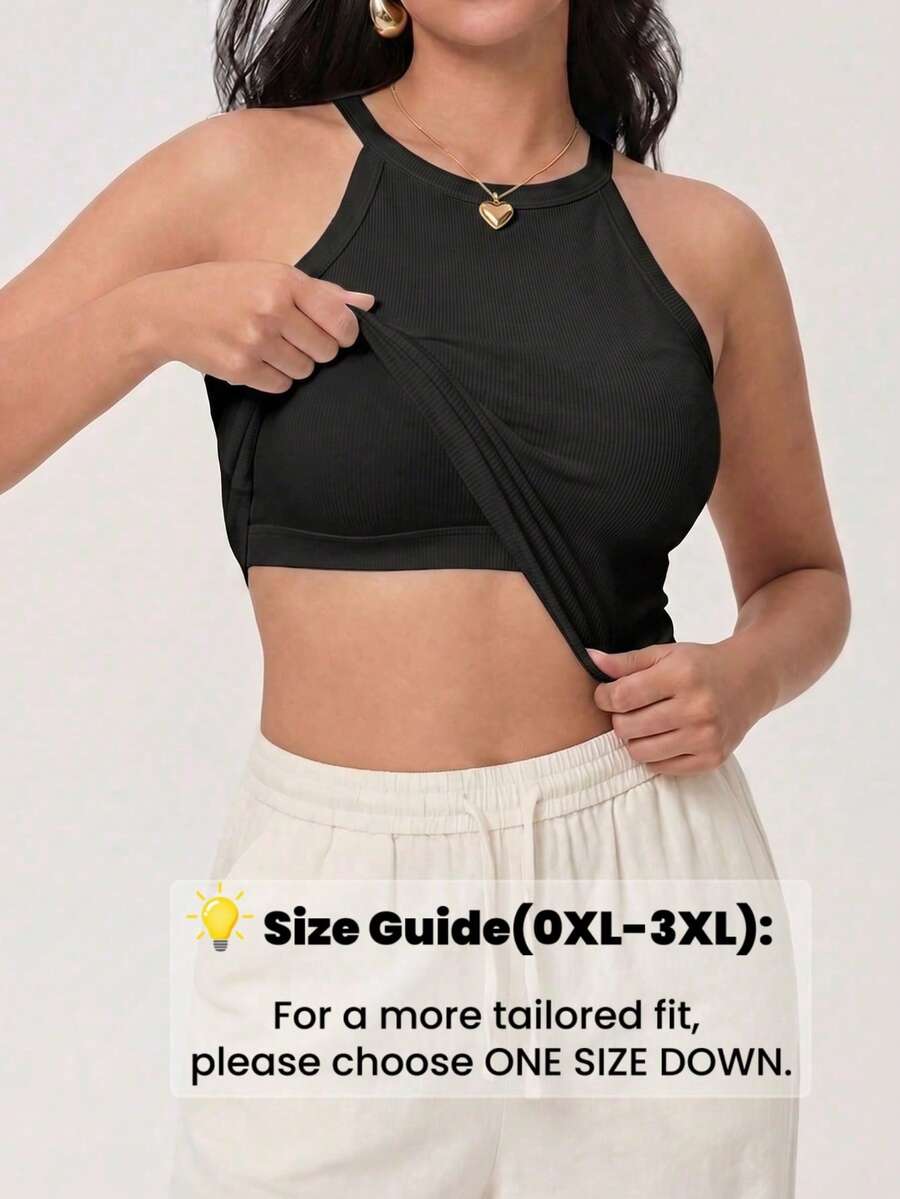Plus Size Ribbed Knit Spaghetti Strap Tank Top, Built-In Bra, Sexy Seamless Wire-Free Camisole, Sleeveless Summer Cropped Top