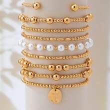 9pcs/Set Women's Gold Multi-Layer Beaded Bracelet Set, Faux Pearl And Gold Round Bead Combination Design, Minimalist Fashion Layering Style, Versatile Daily Wrist Accessory - 9-piece Set - View 4