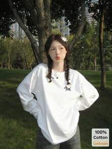 Women's Cute Zebra Print Long Sleeve T-Shirt, White Loose Fit Crew Neck Casual Basic Top - White - View 2