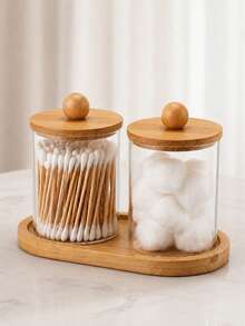 Clear Plastic Cotton Swab Storage Box Set (With Bamboo Lids) And Bamboo Tray (2 Pieces Set) – Suitable For Cotton Swabs, Cotton Balls, And Cotton Pads - Multicolor - View 1