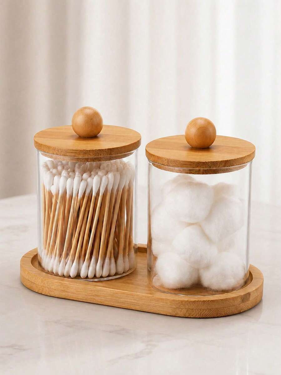Clear Plastic Cotton Swab Storage Box Set (With Bamboo Lids) And Bamboo Tray (2 Pieces Set) – Suitable For Cotton Swabs, Cotton Balls, And Cotton Pads - Multicolor - View 1