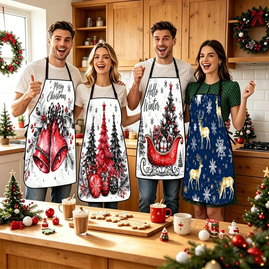 4pcs Christmas, Santa Claus, Bell, Snowflake, Reindeer, Christmas Tree, Snowman, Penguin, Gingerbread Man, Nutcracker, Christmas Animal Pattern Aprons, Suitable For Home Decor And Kitchen Use. Designed As Sleeveless Style, Perfect For Home Kitchen, Outdoor BBQ And Cooking. This Printed Apron Is Unisex, Machine Washable And Reusable, Essential Kitchen Item, Top Choice For Christmas Gift. - Multicolor - View 1