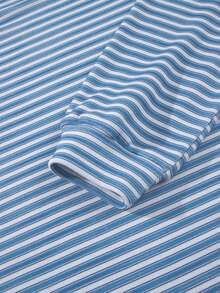 Acelitt Spring/Autumn Casual Striped Print Loose Round Neck Top And Shorts Set, Soft Knit, Suitable For Daily Home Wear - Sky Blue - View 6