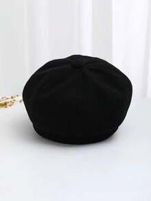1pc Women's Wool Warm Octagonal Beret Hat, Simple Design, Suitable For Daily Wear - Black - View 3