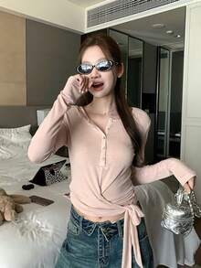 Sweet Casual Slim Fit Tie-Front Henley Collar Long Sleeve T-Shirt Women Top - Pink - View 2