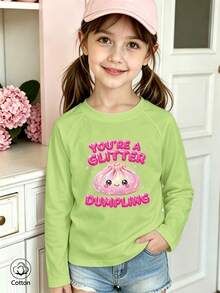 Girls Cotton Raglan Long Sleeve T-Shirt, Autumn Winter, Cartoon Bun And 'YOU'RE A GLITTER DUMPLING' Print, Cute Sweet Girly Preppy Style - Fruit Green - View 4