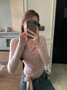 Sweet Casual Slim Fit Tie-Front Henley Collar Long Sleeve T-Shirt Women Top - Pink - View 6