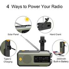 Daykit Radio Cuaca Darurat NOAA Portabel dengan Engkol Tangan, Tenaga Surya dan Baterai Cadangan, AM/FM/NOAA, Alarm SOS, Baterai Isi Ulang 2000mAh, Senter 3 LED, Pengisian Daya Type-C, untuk Dalam Ruangan, Luar Ruangan, Mendaki, Berkemah dan Keadaan Darurat - Hijau Tentara - View 9