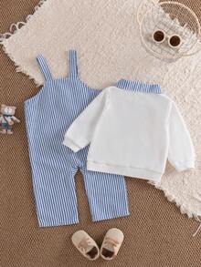 2pcs/Set Setelan Bayi Laki-laki Preppy Motif Beruang Lengan Panjang dan Celana, Gaya Kembali ke Sekolah Musim Gugur - Biru - View 3