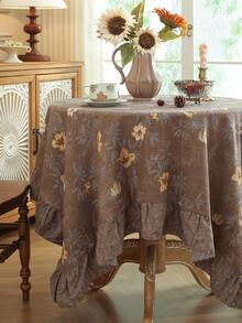 1pc Color Block Ruffle Edge Tablecloth, Floral Print, Autumn/Winter Vibe, Farmhouse Style, Suitable For Dining Table Decor, Picnic Tablecloth, Holiday Celebration, Party Gathering, Birthday Banquet, Daily Dining Table, Kitchen And Dining Room Decoration, All Seasons, Home Decor - Brown - View 1