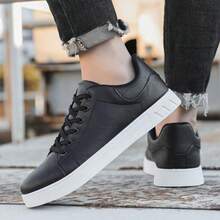 Men's Versatile Breathable Front Lace-Up White Casual Sports Shoes, Fashionable Lightweight Comfortable Round Toe Flat Bottom Sneakers - Black - View 7