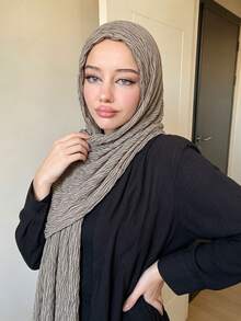 1件時尚毛線斑馬紋女款長款百褶圍巾，透氣戶外頭巾披肩，服飾配件，生日禮物，日常穿搭 - 米麻灰 - 查看 4