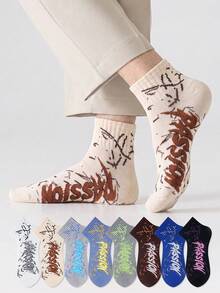 ZUJO 5 Pairs Men's Sports Short Socks, Letter Pattern, Casual Minimalist Breathable, Suitable For All Seasons, Slightly Thick, Suitable For Home Leisure Sports, Random Color Shipping - Multicolor - View 1
