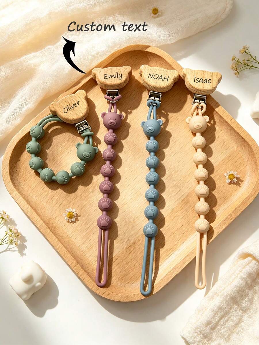 Bear-Shaped Pacifier Chain With Personalized Name Customization, Personalised Baby Name Animal Pacifier Clips Dummy Chain Holder - Multicolor - View 1