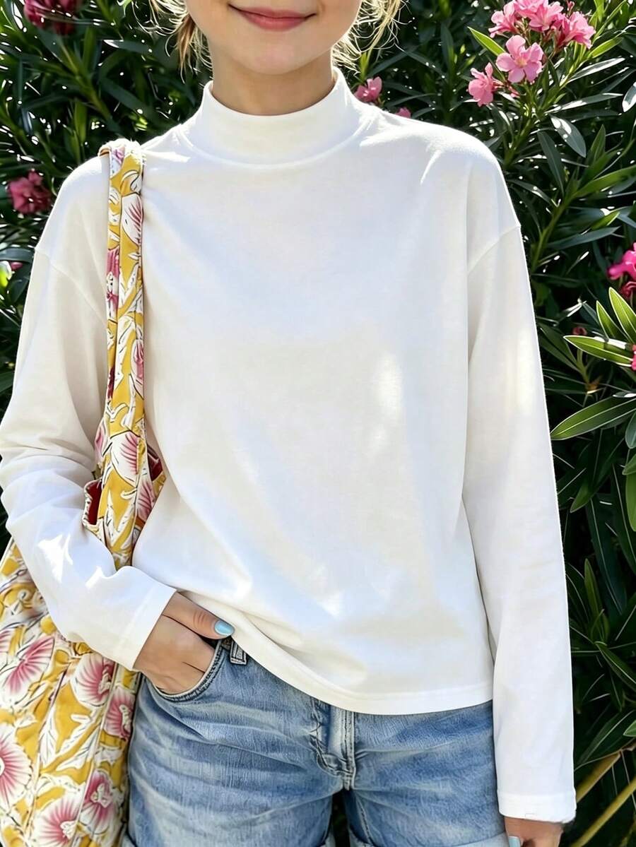 Girls' Solid Color Fitted Long Sleeve Mock Neck T-Shirt, Elastic Soft Basic Layering Top For Daily Wear, Suitable For Teenage Girls - White - View 1