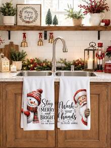 Funny Snowman & Santa Claus With Text Pattern Kitchen Towel 2 Pieces Set, 40*60cm Soft Microfiber Material, Suitable For Home Kitchen Restaurant Outdoor Camping Tabletop Cleaning Dish Cloth Hand Towel Accessories, Humorous Christmas Theme Holiday Gift - Multicolor - View 4