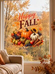 1pc Happy Harvest Pumpkin Window Sticker, Glue-Free PVC Static Cling, Creative Aesthetic, Autumn Window Decal With Sunflower, Maple Leaf And Fruit Patterns, Removable Thanksgiving Home Decor, Autumn Atmosphere Art Window Sticker - Multicolor - View 6