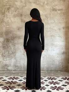 1pc Solid Color Elegant Knitted Fabric Dress For Wedding Autumn - Black - View 4