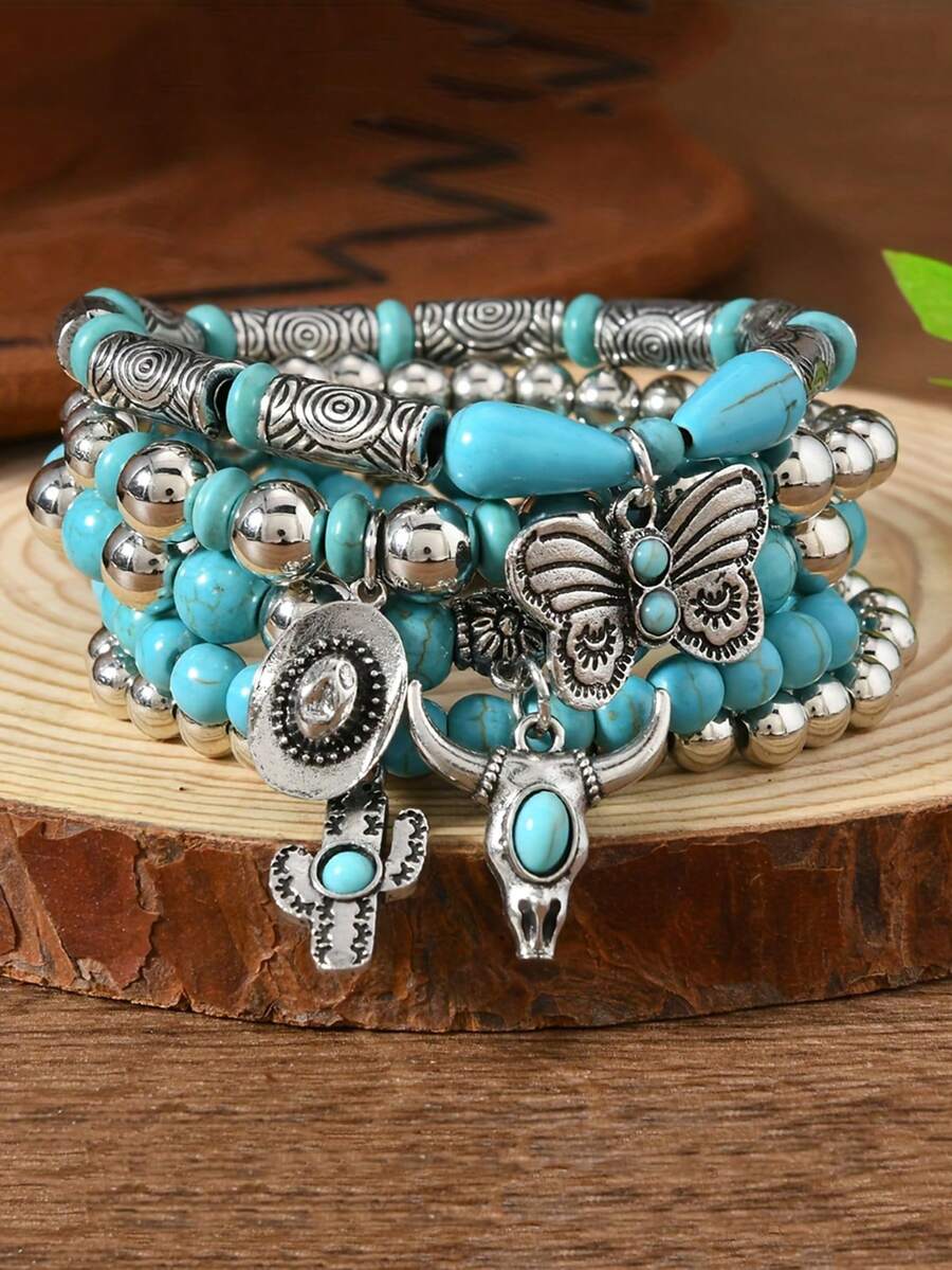 5pcs/Set Western Cowboy Style Butterfly Hat Bull Cactus Pendant Turquoise Beaded Multi-Layer Bracelet Fashion Personalized Women's Hand Jewelry Suitable For Daily Wear And Shopping Party - Multicolor - View 1