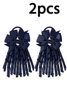 2pcs Navy Blue Large Bow Hair Clips, Long Spiral Tassel Satin Ribbon Hair Clips, Exquisite Hair Accessories For Girls' Daily Wear, Suitable For Back To School Season - Multicolor - View 8
