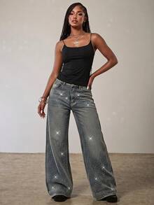 Eshe Glo Women's Rhinestone Embellished Straight Leg Blue Jeans, Sexy Party Pants, New Years Eve , Christmas Festival Outfits For Women Casual Fall - Dark Wash - View 7