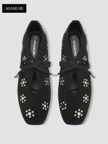 ADAMUMU Gold Rivet Floral Decor V-Cut Lace-Up Flats, Soft Sole Square-Round Toe, Niche Design Sweet Cool Commute - Black - View 6