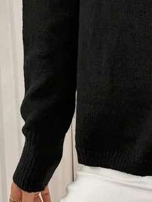 Cardigan Rajut Kasual Lengan Panjang Model Bahu Longgar Warna Polos untuk Wanita Ukuran Plus, Sweater Kancing Berbentuk Kerikil untuk Musim Gugur/Dingin - Hitam - View 5