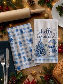 2pcs Winter Watercolor Blue Plaid Christmas Tree Snowman Hello Winter Text Kitchen Towels, 40*60cm Soft Microfiber Material Tea Towels, Suitable For Home Kitchen Restaurant Outdoor Camping Tabletop Cleaning Dish Cloth Hand Towel Accessories, Christmas Theme Kitchen Towels Holiday Gift - Multicolor - View 8