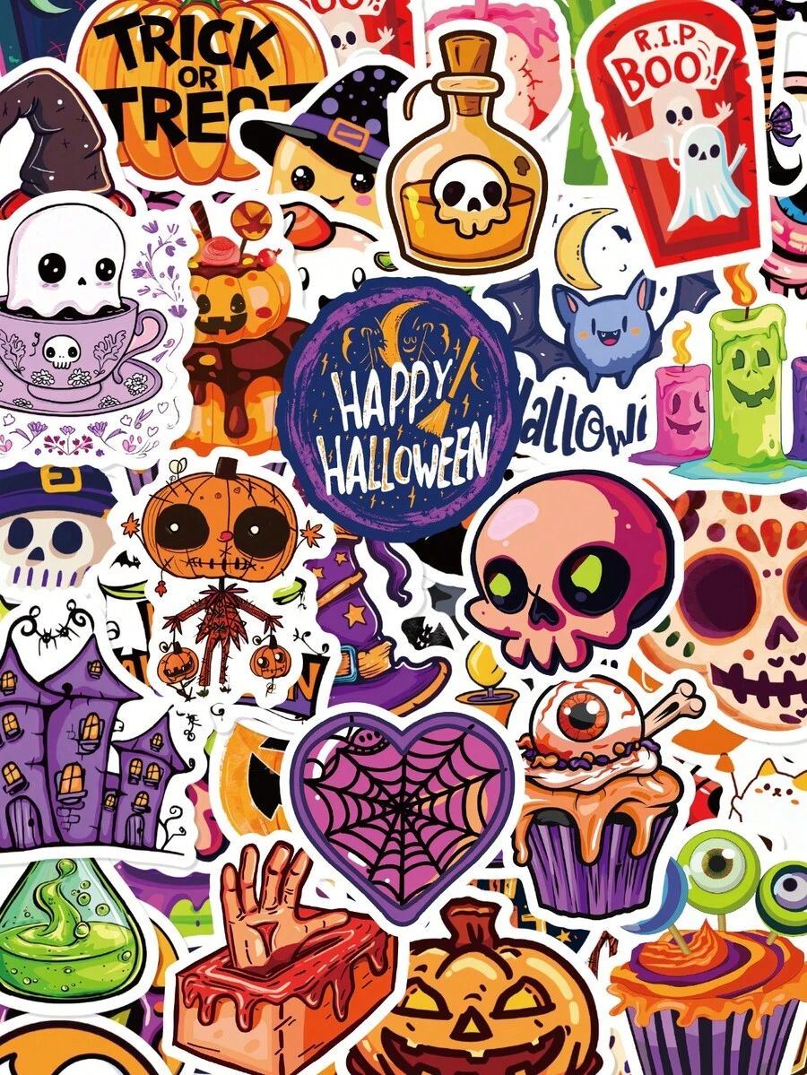 50Pcs Cartoon Cool Halloween Stickers, Pumpkin Ghost Skull Castle Potion Elements, High‑Saturation Contrast Illustration, For Journal, Water Bottle, Notebook, Storage Box Decoration - Multicolor - View 1