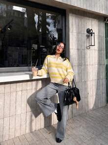 Joy Knit 女款針織毛衣 秋冬時尚新款 百搭上衣 優雅極簡休閒百搭 彩色條紋撞色翻領寬鬆長袖針織上衣 女士上班穿搭 外出上衣 派對 節慶 生日 海灘 - 杏色+黃色 - 查看 6