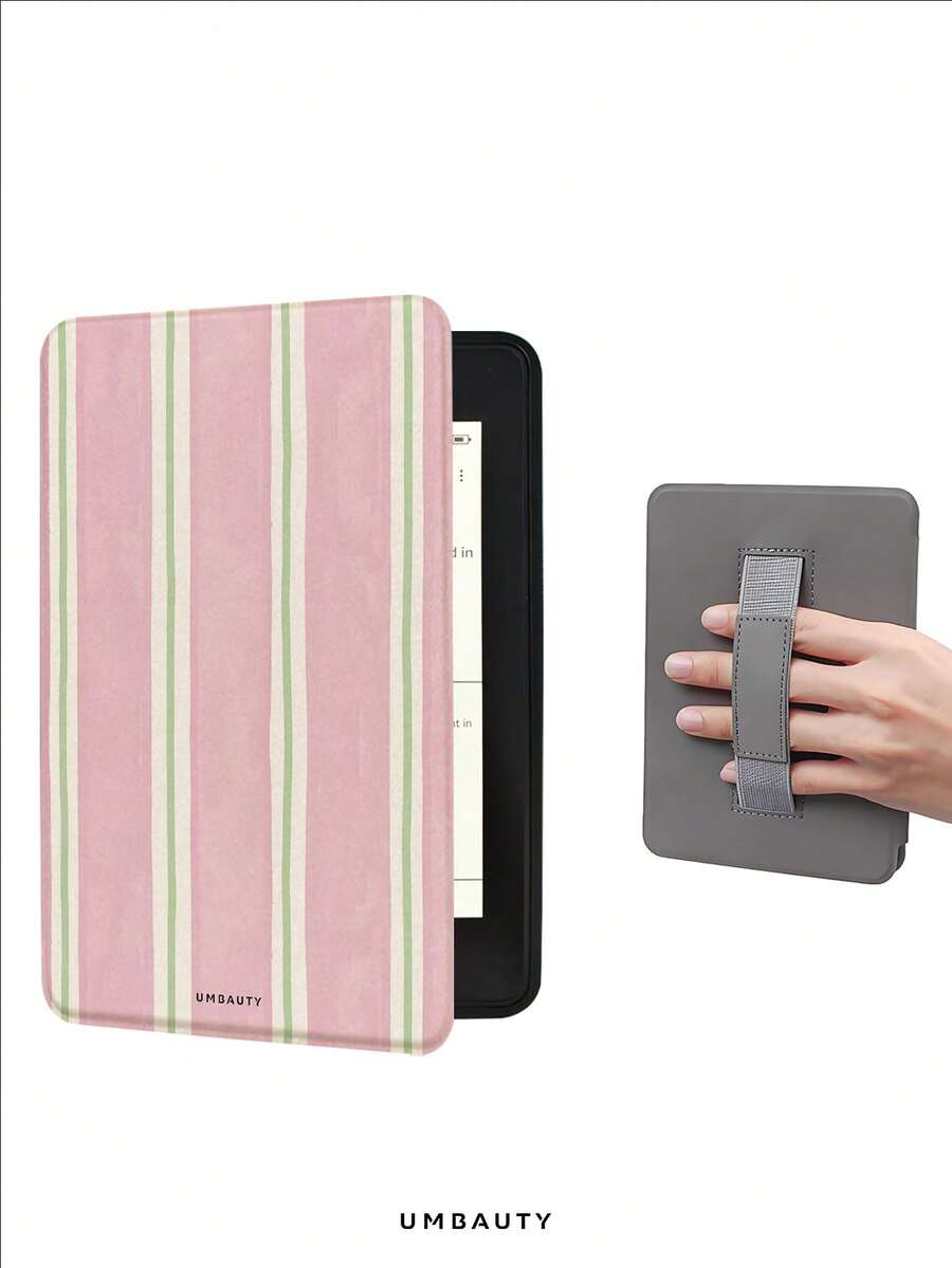 UMBAUTY Pink & Green Striped Pattern Protective Case For 7/6.8/6 Inch Kindle Paperwhite (12th/11th/10th/7th/6th/5th Gen - 2024) | Kindle Colorsoft Signature Edition E-Reader Accessory, Cute Minimalist Protective Case With Hand Strap, Suitable As A Gift For Colleagues And Friends - Multicolor - View 1