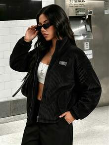 Women's Corduroy Sports Jacket, Ribbed Texture Loose Drop Shoulder Short Style, Streetwear Commute Outing, Stand Collar Zipper Pocket Drawstring Warm Top - Black - View 4