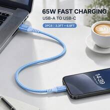 2入 Krtlhe 65W USB 轉 Type-C 軟矽膠超快充傳輸線 通用高功率充電線 3A USB-C 線 相容於華為 - 淡紫色 - 查看 3