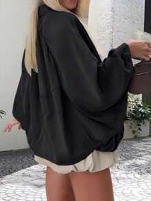 Women's Zip-Up Jacket, Batwing Long Sleeve, Pleated Decor, Solid Color Woven Fabric Black, Bomber Jacket - Black - View 3
