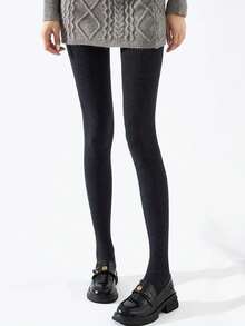1 Pair Women's Black Vertical Stripe Knit High Elastic Skin-Friendly Slimming Vintage Minimalist Style Tights, Suitable For Autumn/Winter Daily Commute, Pair With Small Leather Shoes - Multicolor - View 4