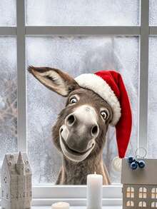 30*30 Christmas Donkey Static Window Sticker, Cute Tilted Head Donkey With Red Christmas Hat Design, Static Material No Glue Needed, Reusable, Suitable For Window, Home Glass Window Decoration, Create Warm And Fun Christmas Atmosphere, Creative Holiday Decoration Sticker For Christmas Home And Shop Scene Arrangement - Multicolor - View 2