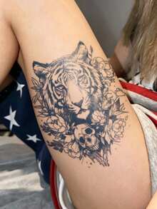 Herbal Juice Semi-Permanent Large Arm Tattoo Sticker Tiger Head Floral Skull Pattern 14 Days No Fading DIY Chest Waist Abdomen Thigh Holiday Party Gift Body Tattoo Sticker 1pc/Pack - Blue - View 4