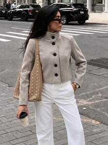 Women's Grey Wool Coat, Long Sleeve Stand Collar Button Short Jacket For Fashion Daily, Office, Commute, Spring Fall Winter Wardrobe Essential - Camel - View 3