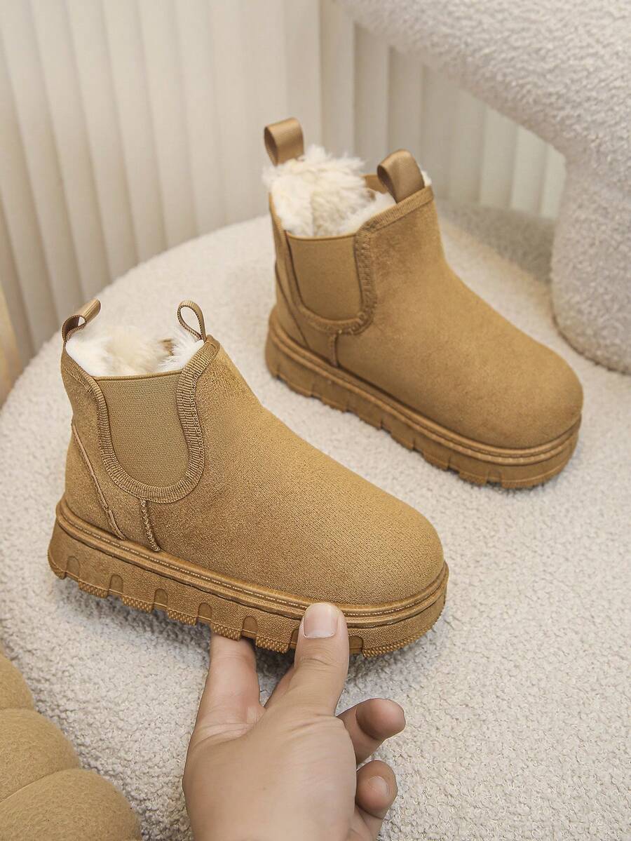 Girls' Thick Sole Chelsea Snow Boots, Thermal Lined Thickened Children's Winter Side Elastic Fabric Non-Slip Short Boots - Brown - View 1