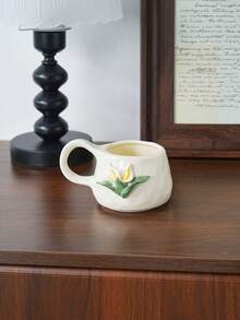 3D Embossed Calla Lily Ceramic Coffee Mug, Cream White Textured Handmade Porcelain Tea Latte Cup, Vintage French Style Large Handle Drinking Cup For Home Table Decor & Gift - Multicolor - View 8