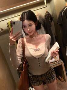Women's 2-In-1 Lace Patchwork Long Sleeve T-Shirt Top, Autumn Base Layer - Khaki - View 1