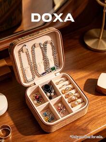 DOXA 復古印花便攜式珠寶收納盒，旅行拉鍊珠寶收納盒，戒指項鍊耳環小型展示收納盒 - 棕色1 - 查看 3