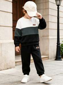 Young Boy Casual Fashion Colorblock Patchwork Letter Badge Long Sleeve Sweatshirt And Sports Pants Set - Multicolor - View 1