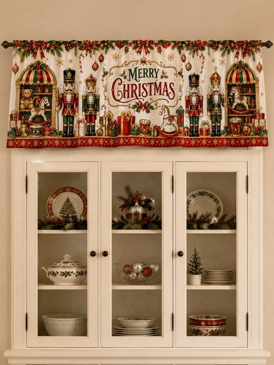 1pc Classic Nutcracker Christmas Curtain Valance, Nostalgic Victorian Polyester Rectangular Rod Pocket Printed Window Treatment With Soldiers Drums Toy Horses & Gifts, Holiday Kitchen Living Room Winter Home Decoration - Multicolor - View 1