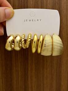 8/24pcs Gold Hoop Earrings Set, Smooth Twisted Ribbed Geometric Wide C‑Hoop Earrings, Vintage Gold Plated Statement Earrings For Women - Gold - View 12
